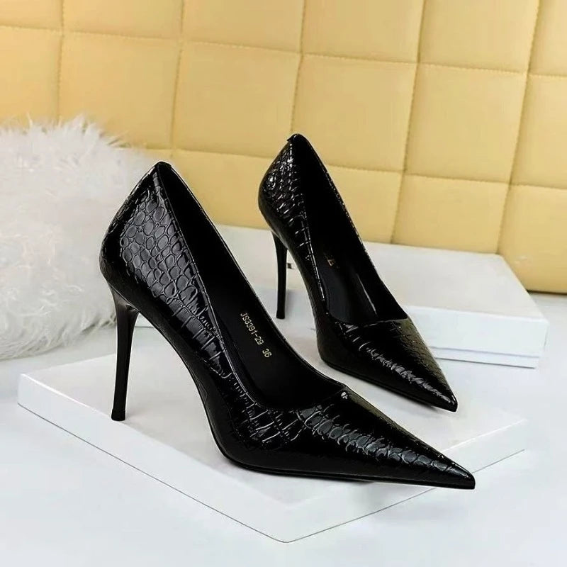 Patent Leather Plaid Pointed Toe High Heels Women's New French Sexy Stiletto Versatile Temperament Single Shoes