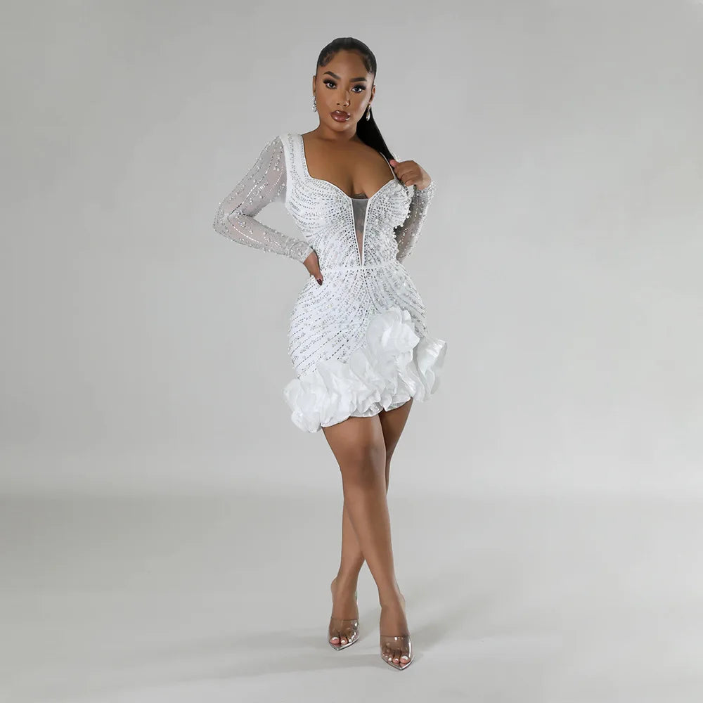 CM.YAYA Spring Women Long Sleeve Ruffles Hot Drilling Bead Short Dress Sexy Night Club Evening Birthday Mini Dresses Vestidos
