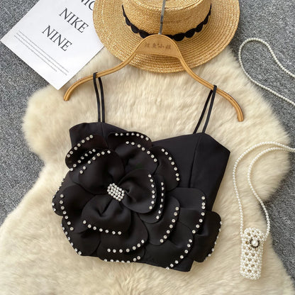 New French Sweet Strap Camisole Strapless 3D Floral Beading Diamonds Design Tops Elastic Ruched Slim Streetwear Tank Top