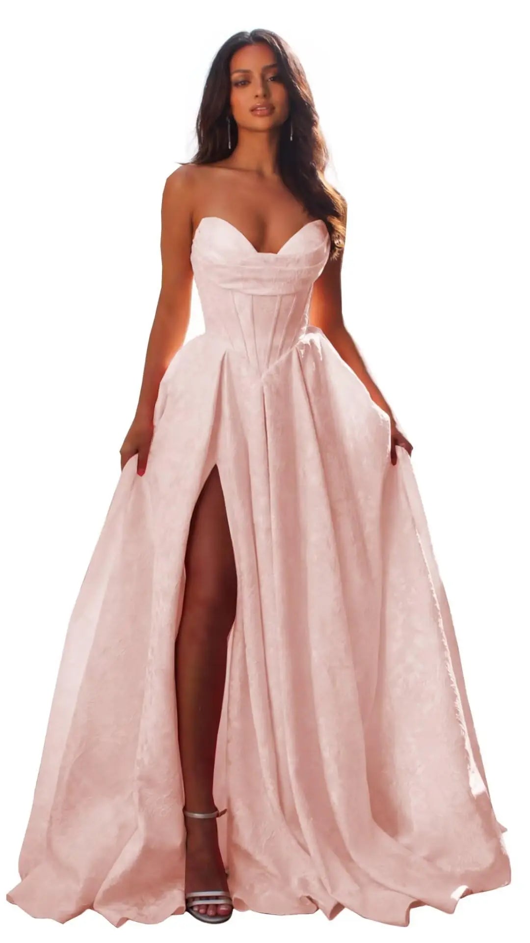 Women Elegant Jacquard Satin Prom Dresses with Slit Strapless Corset A Line Long Formal Gowns Evening Gowns Party Dresses