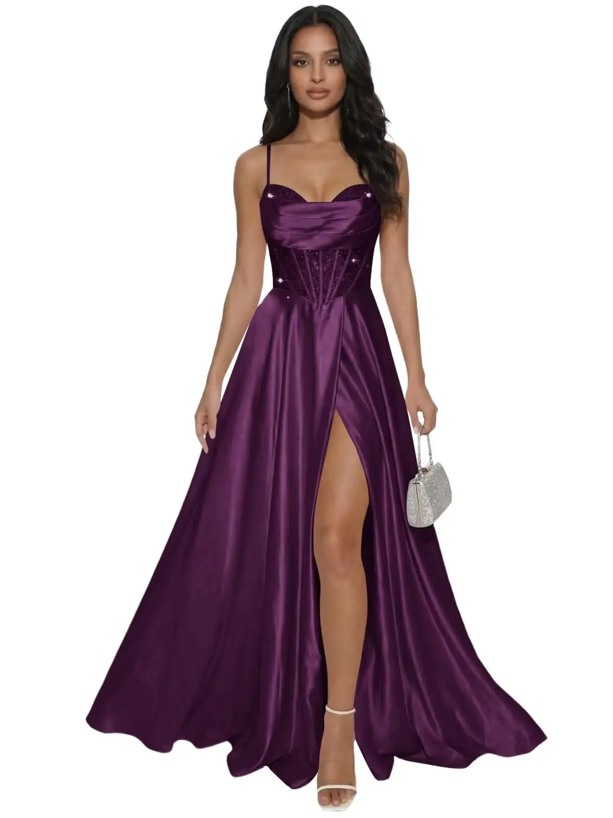 Pleated Satin A Line Prom Dresses for Women Spaghetti Straps Sequin Corset Formal Dress with Slit Formal Dress Women Elegant