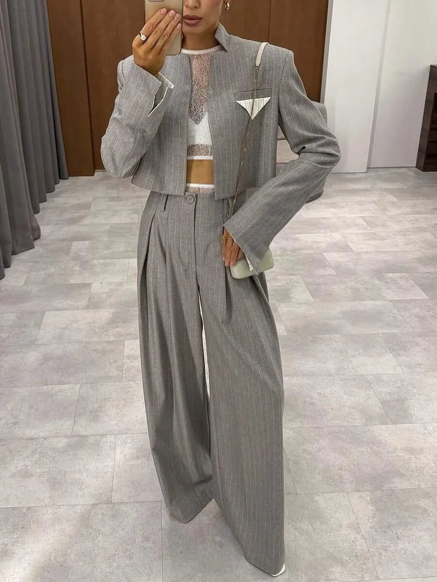 2026 New Gray Stripe Short Suit Jacket Top Loose Wide Leg Pants Two Piece Casual Women Fashion Suit Set