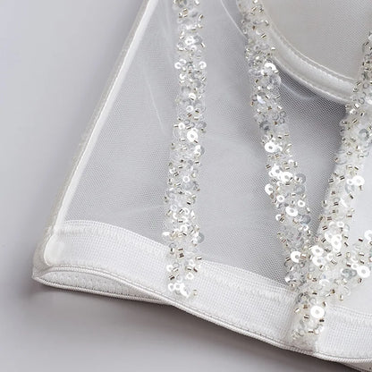 Fashion 2025 Women's Bikins White Diamonds Sling Feminine Short Crop Top Bungee Underwear Tank Tops Sexy Stage Costume Bras