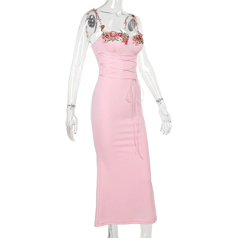 Y2K Sexy Sleeveless Backless Floral Women's Maxi Long Dress Lace-Up Bandage Bodycon Autumn Winter Party Club Dresses Outfit Gift
