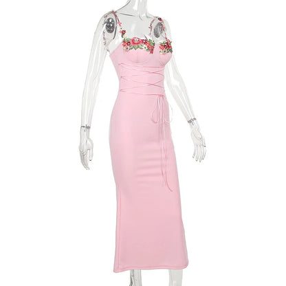 Y2K Sexy Sleeveless Backless Floral Women's Maxi Long Dress Lace-Up Bandage Bodycon Autumn Winter Party Club Dresses Outfit Gift