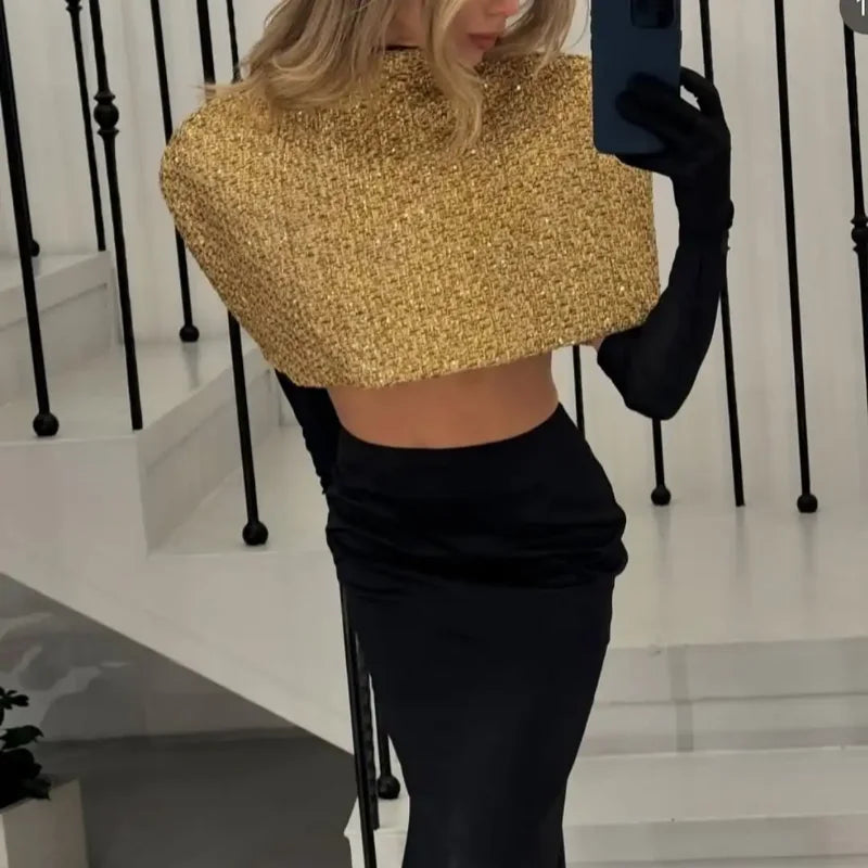 Women Elegant Gold Sparkle Capelet Top Shiny Tweed Shoulder Wrap Turtleneck Short Cloak New Lady Evening Club Party Tops 2026