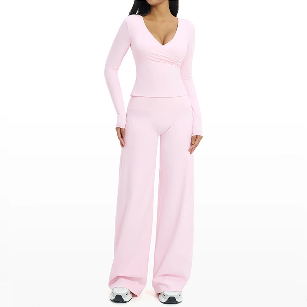 2PCS Gym Tracksuits Yoga Set Female Fitness Suit Deep V Yoga Bra Athletic Wear Women High Waist Workout Flared pants Sports Suit