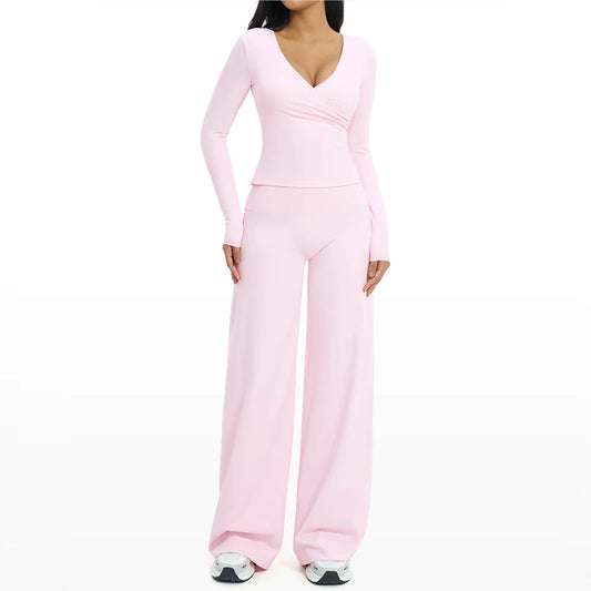 2PCS Gym Tracksuits Yoga Set Female Fitness Suit Deep V Yoga Bra Athletic Wear Women High Waist Workout Flared pants Sports Suit