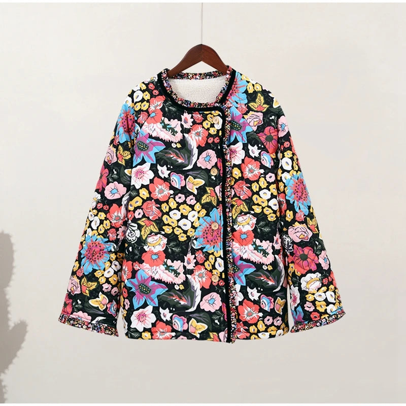 HH Floral Print Jacket For Women Autumn Quilted Reversible Cotton Coat Cardigan Long Sleeve Jackets Elegant Woman Streetwear