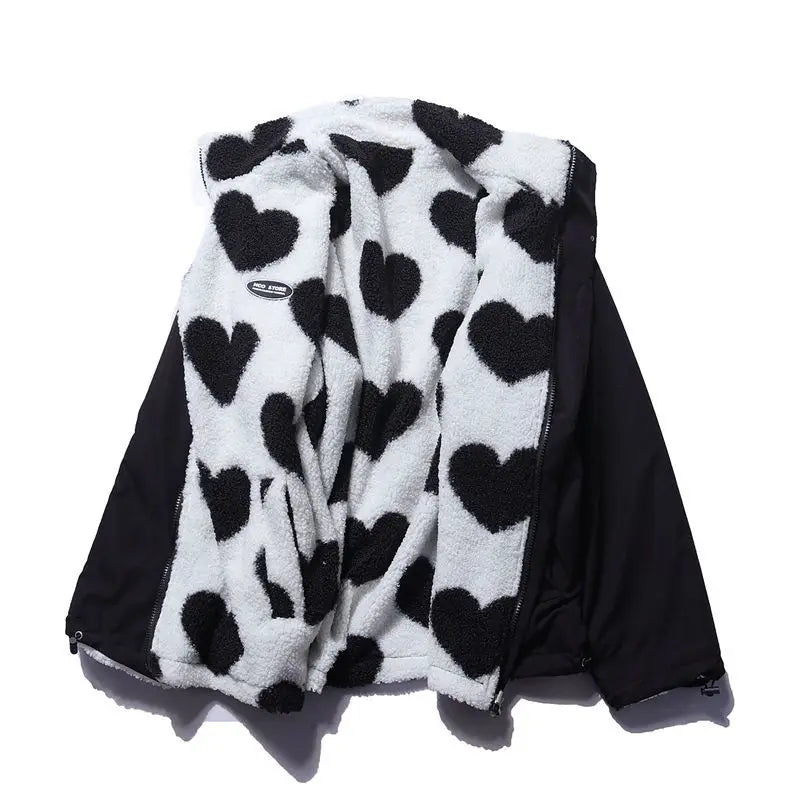 Double-Sided Wear Thickened Lamb Fur Heart Pattern Cotton Jacket Couple's Two-Way Wear Casual Warm Zipper Closure Long Sleeve...