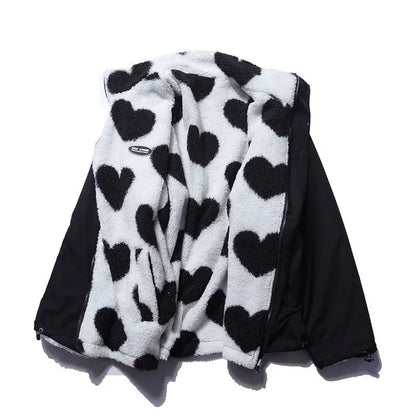 Double-Sided Wear Thickened Lamb Fur Heart Pattern Cotton Jacket Couple's Two-Way Wear Casual Warm Zipper Closure Long Sleeve...