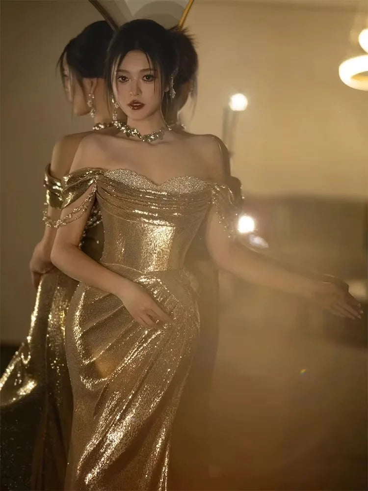 Mauroicardi Spring Autumn Praty Evening Dresses Woman Off Shoulder Backless Elegant Chic Luxury Floor Length Gold Sequin Clothes