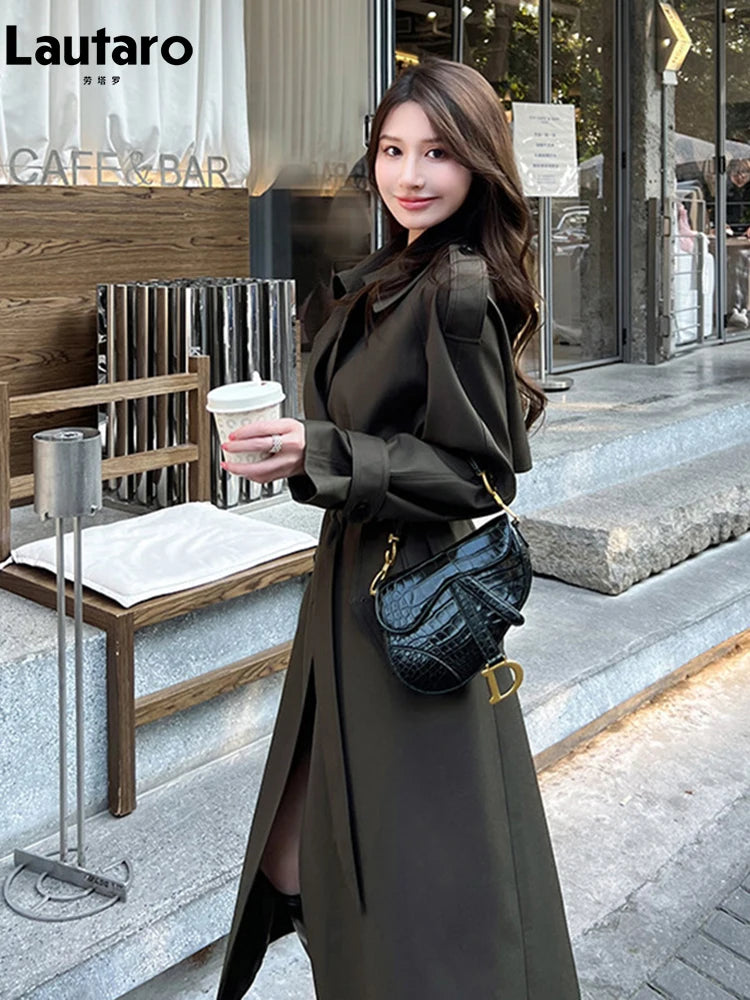 Lautaro Spring Autumn Long Trench Coat for Women with Belt Raglan Sleeve Elegant High Quality Chic Luxury Designer Clothing 2026