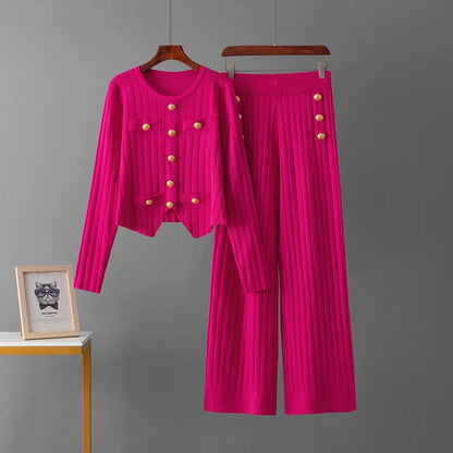 Spring Pink Women's 2 Piece Outfits Long Sleeve Knit Buttons Sweater Top Wide Leg Pants Lounge Sets Tracksuits Casual 2pcs Sets