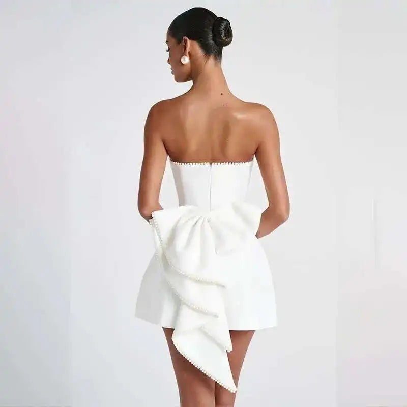 Avrilyaan Bow Pearl Short Backless Sleeveless Sexy Dress Women Elegant Party Dress Strapless Bodycon Mini Summer Dress Vestidos