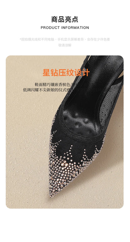 New Baotou sexy sandals with one buckle and summer mesh, rhinestone high heels for women, slim heels, shallow mouth