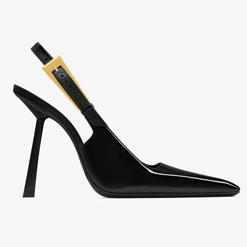 2025 Spring And Summer New Black Patent Leather High Heels Women Slim Heel Shoes Temperament Minority Pointed Sandals