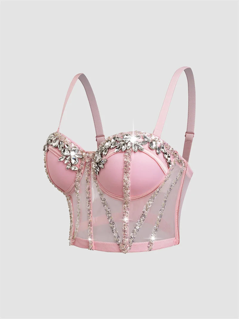 Fashion 2025 Women's Bikins White Diamonds Sling Feminine Short Crop Top Bungee Underwear Tank Tops Sexy Stage Costume Bras