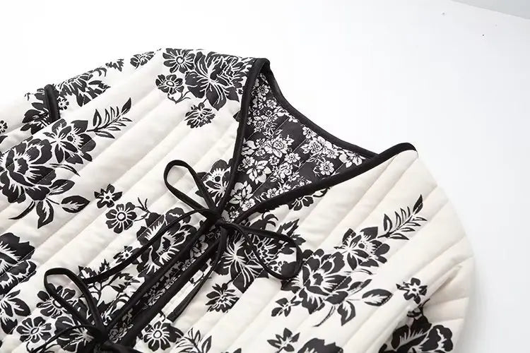 HH Floral Print Jacket For Women Autumn Quilted Reversible Cotton Coat Cardigan Long Sleeve Jackets Elegant Woman Streetwear
