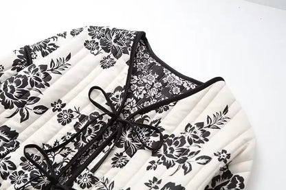 HH Floral Print Jacket For Women Autumn Quilted Reversible Cotton Coat Cardigan Long Sleeve Jackets Elegant Woman Streetwear