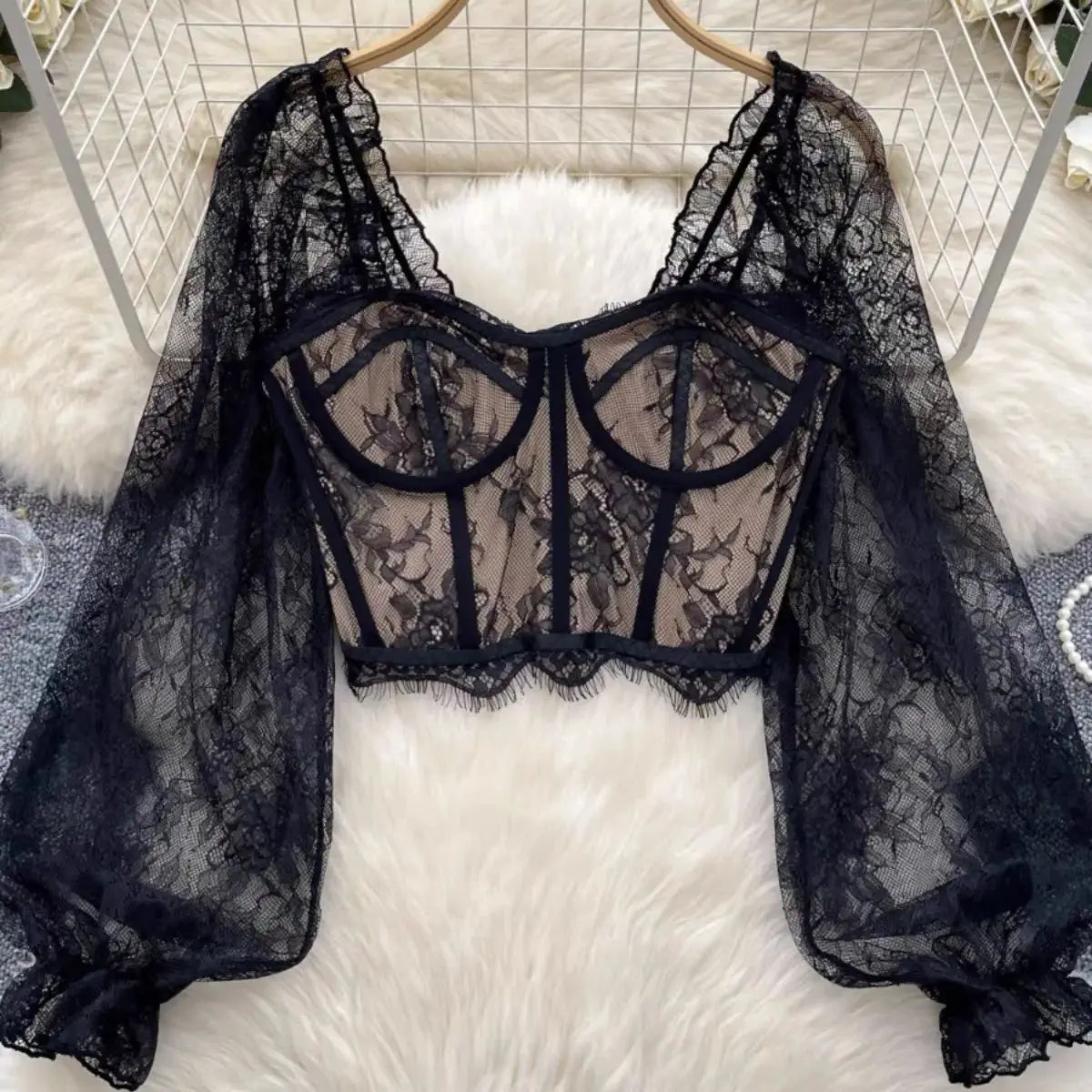 Women's Lace Mesh Bone Corset Long Sleeve Tank Top Sexy Crop Top High Street Fashion Party Clubwear Camisole Skinny Tunic