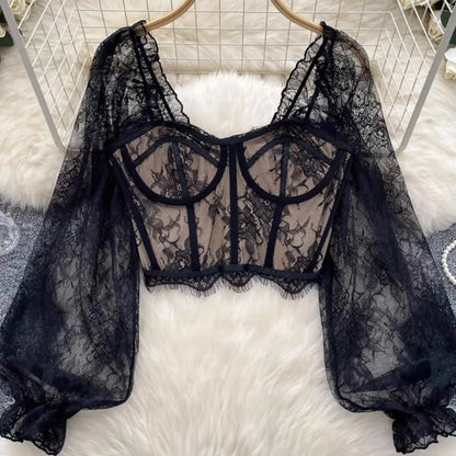 Women's Lace Mesh Bone Corset Long Sleeve Tank Top Sexy Crop Top High Street Fashion Party Clubwear Camisole Skinny Tunic