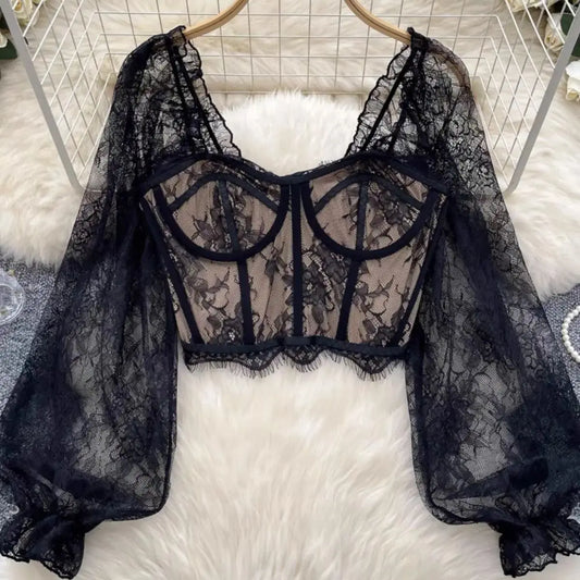Women's Lace Mesh Bone Corset Long Sleeve Tank Top Sexy Crop Top High Street Fashion Party Clubwear Camisole Skinny Tunic