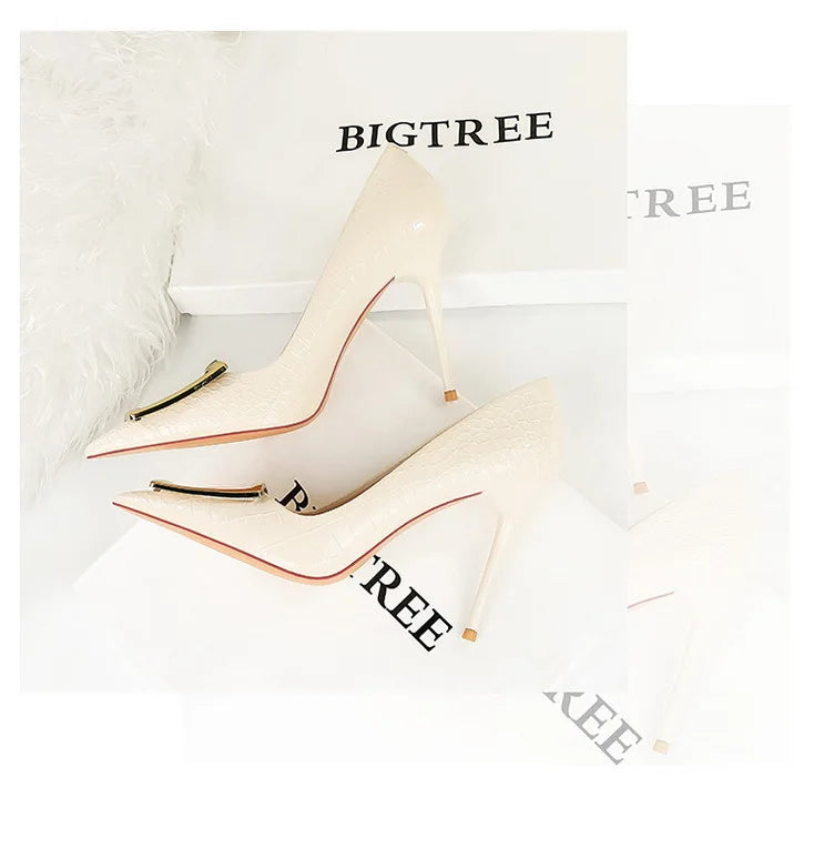 2025 BIGTREE Metal Decoration Buckle Fashion Pumps Women Elegant Snakeskin Print 10cm High Heels Party Ladies Shoes
