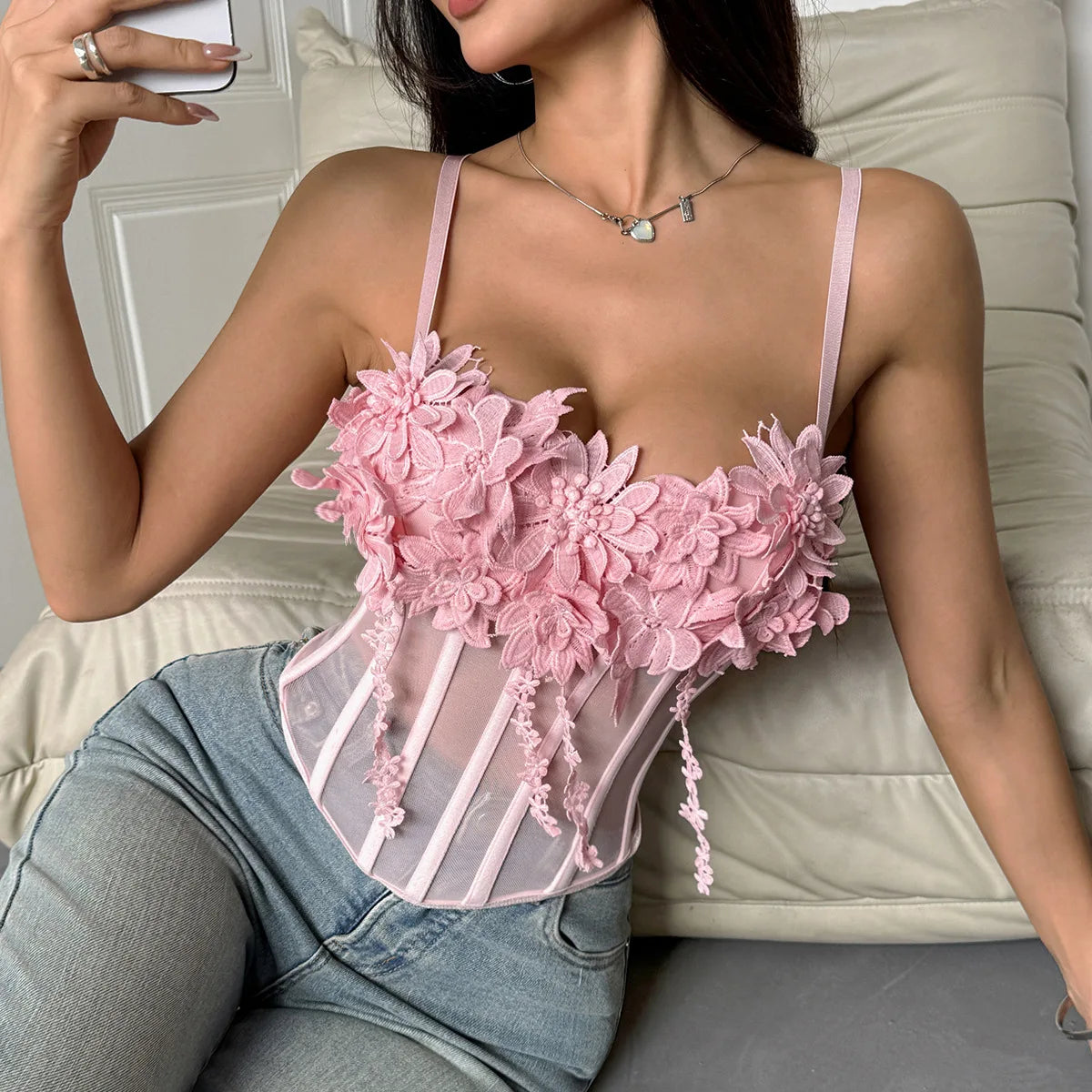 SINGREINY Sheer Gauze 3D Flowers Corset Women Pink Sexy Straps Slim Tops Fashion Streetwear Ladies Short French Chic Sweet Camis