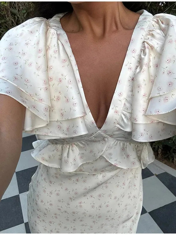 Chic Flower Print A-line Maxi Dress Women Elegant High Waist Strapless Backless Slim Vestidos Lady Summer Vacation Robes LIX8