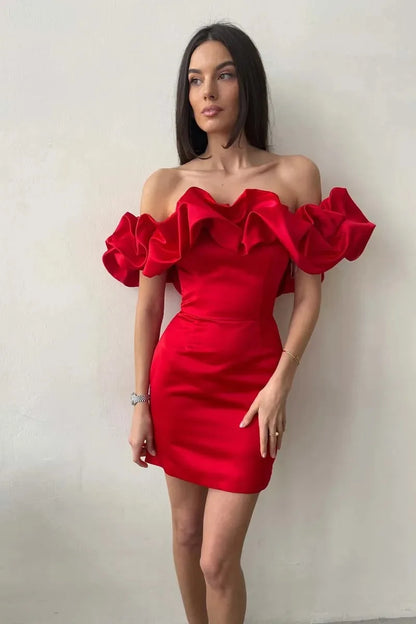 Women's Off Shoulder Ruffles Flower Party Dress, Sexy Bodycon Dresses, Elegant Female Package Hips, Night Party, Event Celebrate
