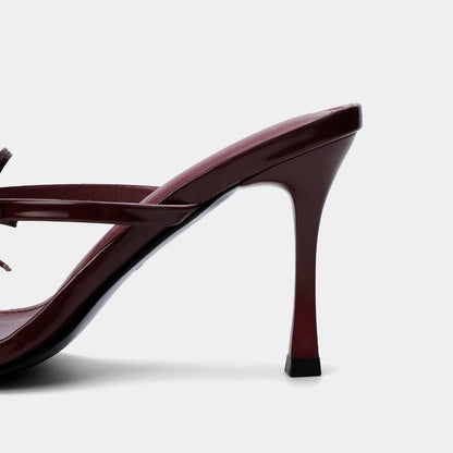 Luxury Burgundy Heeled Sandals Women Double Bow Decoration Backless High Heels Ladies Elegant Party Designer Stiletto Slippers