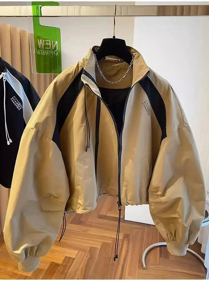 Design  niche loose casual stand up collar trench coat, women's spring and autumn short jacket double zipper