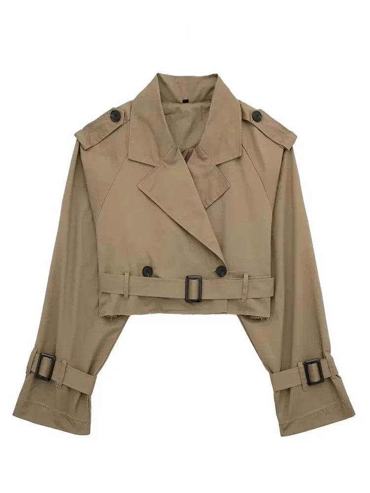 HH 2025 Women Belt Cropped Trench Spring Jacket Vintage Streetwear Double Breasted Long Sleeve Top Female Coat Outfits