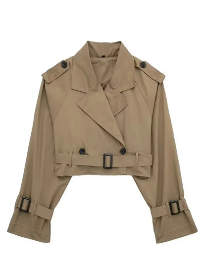 HH 2025 Women Belt Cropped Trench Spring Jacket Vintage Streetwear Double Breasted Long Sleeve Top Female Coat Outfits