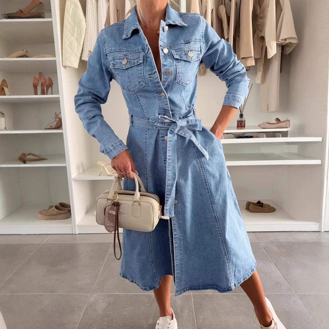 2026 NEW Women's Casual Dresses Elegant Light Blue Denim Dress for Women Long Sleeve Button Up Belted Midi Dress