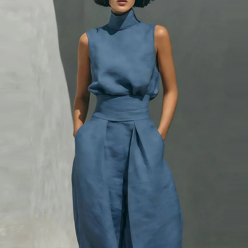 Sleeveless top+wide leg pants summer casual two-piece set elegant and loose office set high street pocket women's set