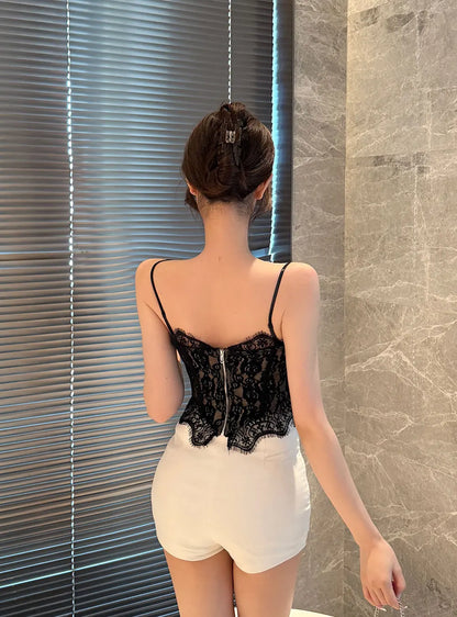 Pure Desire Sexy Lace Backless Strapless Bralette with Eyelash Trim Hot Girl Top Slimming Crop Top with Chest Pad