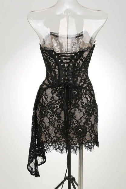TARUXY Sexy Lace See-through Patchwork Corset Dress Female Bodycon Elegant Party MIrrgualr Mini Dress Women Tube Top Dress New