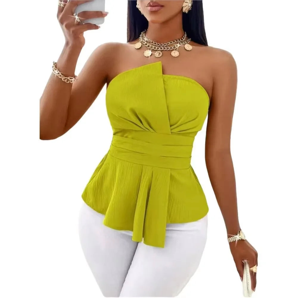 [Elegant] Peplum Strapless Top, Belted Wrap Waist Blouse for Vacation & Commute