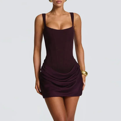 Women Sexy Square-neck Halter Mini Dress 2025 Pleated Sleeveless Backless High Waist Bodycon Dresses New Summer Lady Party Robes