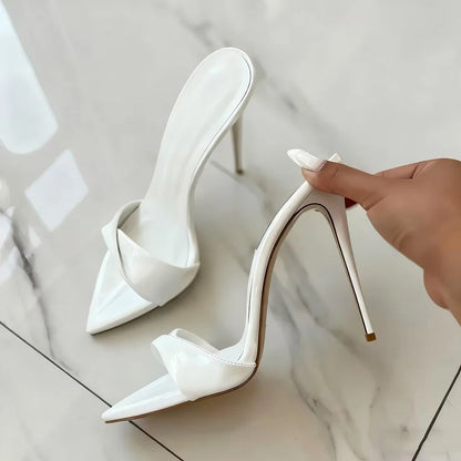 New Arrival Women's Slippers Nude PU Leather Pointed Toe 12cm Stiletto Mules Elegant High Heel Slides for Party Catwalk Shoes