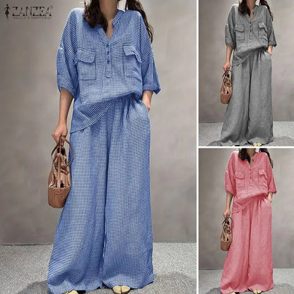 Women Pants Sets ZANZEA Fashion Summer 2 Piece Sets Plaid Outfits Casual Half Sleeve Blouse Wide Leg Trousers Street Tracksuit
