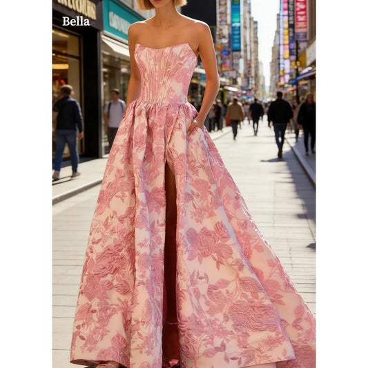 Bella Customized Prom Dress robes de soirée Party Dresses Pink Floral Brocade Strapless Slit Maxi Formal Gown For Women 2026