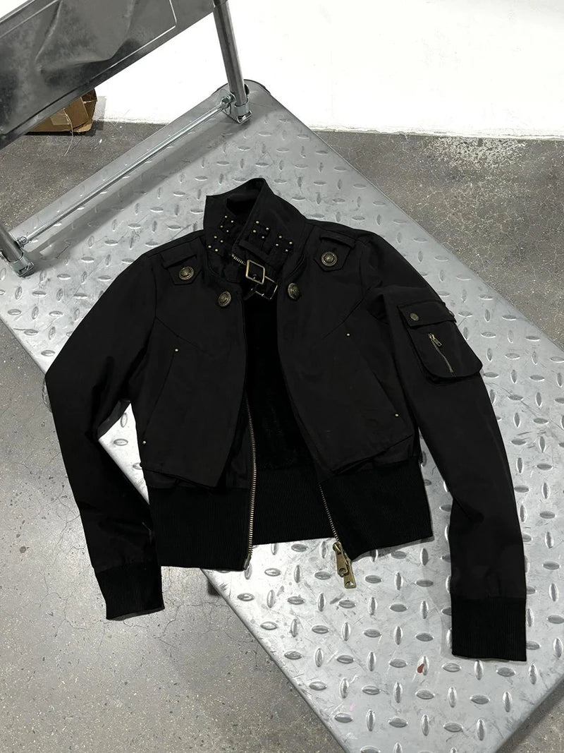 MEXZT Y2K Cropped Black Jacket Women Harajuku Vintage Stand Collar Coat Autumn Streetwear Grunge Long Sleeve Zipper Outerwears