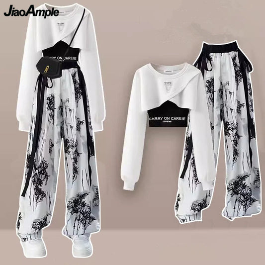 Spring Autumn Women Fashion Crop Sweatshirt Letter Sling Print Pants 1 or 3 Piece Set Lady Cool Streetwear Outfits Tops Trousers