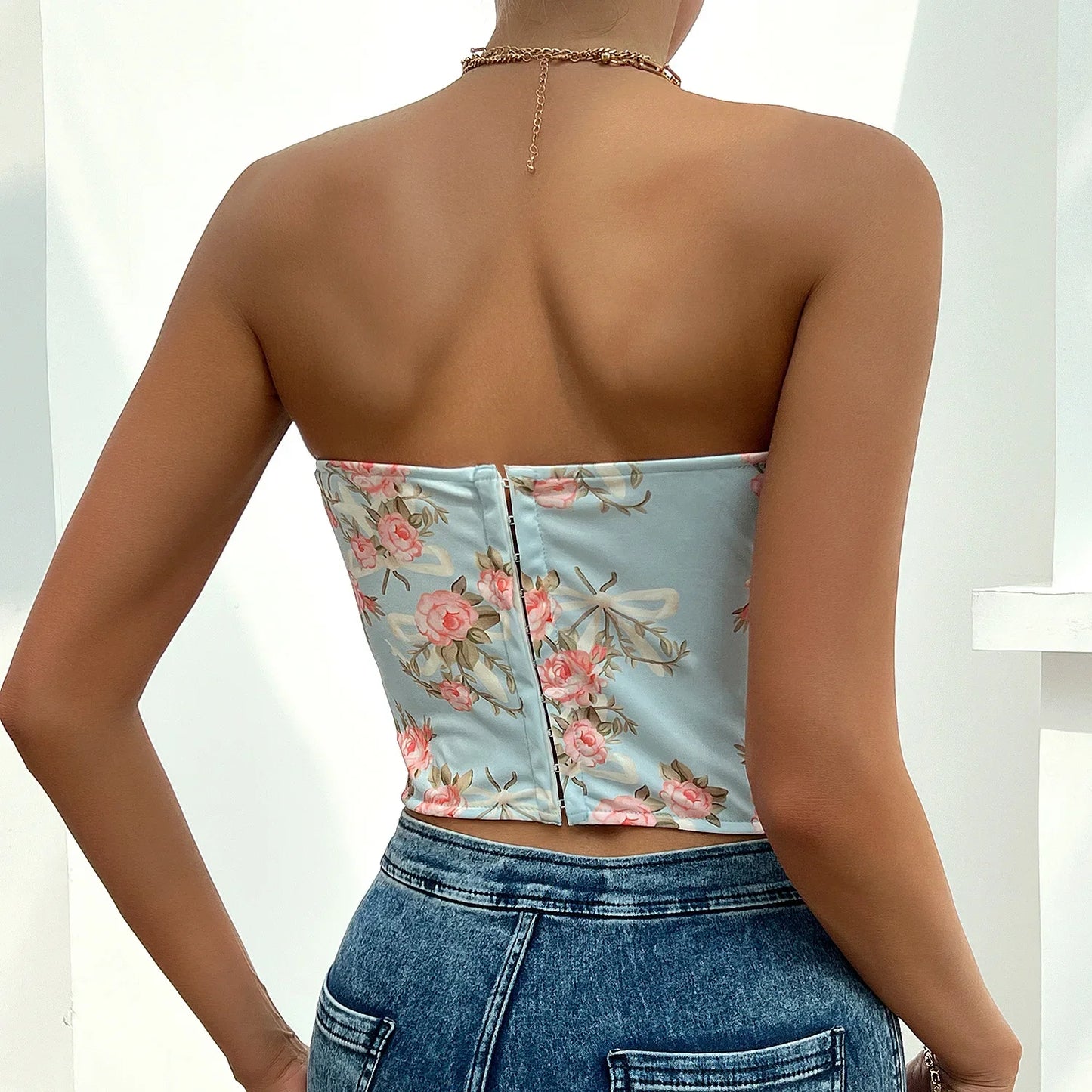 Women Floral Top Sexy Spicy Girl Tank Top Low cut Open Back Flower Wrapped Chest Diamond Fish Bone Strap Waist Vest Tank Top Y2K