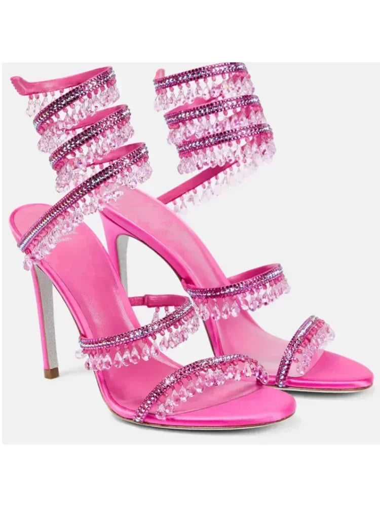 2024Women's New Water Diamond Sandals Fashion Tassel Crystal Shoes Sexy Banquet Party Twin Stiletto Women's Large Sandals
