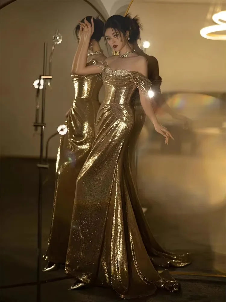 Mauroicardi Spring Autumn Praty Evening Dresses Woman Off Shoulder Backless Elegant Chic Luxury Floor Length Gold Sequin Clothes