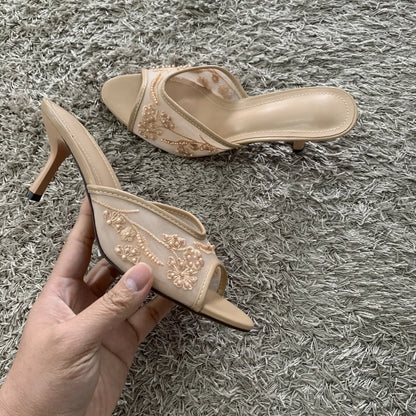 2026 String Bead Mesh Embroider Slingback High Heels Women Sexy Peep Toe Heeled Sandals Summer Elegant Luxury Designer Shoes